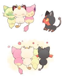  animal_focus black_fur cat closed_eyes closed_mouth colored_sclera green_fur highres litten meowth no_humans pink_fur pokemon pokemon_(creature) pokemon_focus red_eyes skitty smile sprigatito tail yellow_fur yellow_sclera yupo_0322 