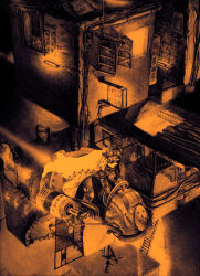  1other building cape dated_commentary flying flying_vehicle goggles goggles_on_headwear graphite_(medium) hat long_sleeves lowres midair monochrome night orange_theme original outdoors pants photoshop_(medium) piloting science_fiction solo standing town traditional_media wide_shot yamamoto_yamato 