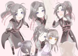  1girl 2boys :d aged_down ahoge animal black_boots black_hair black_hanfu black_sash blue_eyes blunt_bangs blush boots brother_and_sister brown_hair carrying carrying_person child chinese_clothes closed_mouth commentary_request dog double_bun grey_pants grey_shirt hair_bun hair_ribbon hanfu highres jiang_cheng jiang_yanli long_hair long_sleeves looking_at_another looking_at_viewer modao_zushi multiple_boys official_alternate_costume one_eye_closed open_mouth orange_eyes pants peeking_out piggyback pink_background ponytail purple_hanfu purple_ribbon purple_sash red_ribbon red_sash ribbon sash shirt siblings sidelocks simple_background smile solo_focus sunmoon9994 tassel tears topknot tree twitter_username violet_eyes watermark wei_wuxian wei_wuxian_(yunmeng_clan) yaopei 