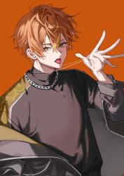  1boy black_coat black_sweater chain chain_necklace coat fang hand_up highres holding holding_jewelry holding_necklace jewelry looking_at_viewer male_focus messy_hair multicolored_hair necklace open_hand orange_background orange_hair project_sekai shiki20_aa shinonome_akito silver_jewelry simple_background solo streaked_hair sweater tongue tongue_out two-tone_hair 