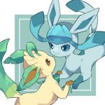 animal_focus black_eyes border bright_pupils brown_sclera closed_mouth colored_sclera commentary_request eye_contact glaceon green_background leafeon looking_at_another no_humans pokemon pokemon_(creature) smile teru_(245_neko) white_border white_pupils 