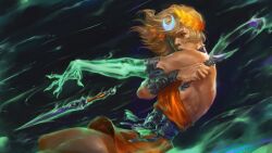  1girl absurdres black_sclera blonde_hair breasts caio_santos colored_sclera commentary dagger dynamic_pose green_lips hades_(series) hades_2 heterochromia highres knife laurel_crown melinoe_(hades) orange_tunic realistic red_eyes short_hair sickle sideboob single_vambrace skeletal_arm solo toned toned_female tunic vambraces weapon 