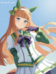  1girl absurdres animal_ears black_bow black_gloves black_pantyhose blue_eyes blue_sky blunt_bangs blush bow brooch closed_mouth ear_covers gloves green_sailor_collar green_sleeves hairband highres hime_cut horse_ears horse_girl horse_tail jewelry long_hair long_sleeves looking_at_viewer naoyuki_arts orange_hair orange_tail pantyhose pleated_skirt sailor_collar shirt silence_suzuka_(innocent_silence)_(umamusume) silence_suzuka_(umamusume) skirt sky smile solo tail umamusume white_hairband white_shirt white_skirt 