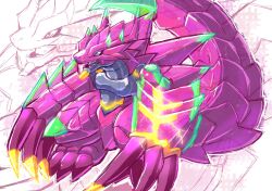  armalizamon armor claws digimon digimon_(creature) digimon_beatbreak electricity full_body highres lizard no_humans pink_armor solo violet_eyes youwantstars zoom_layer 