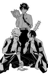  3boys absurdres bakugou_katsuki bandaid bandaid_on_cheek bandaid_on_face baseball_bat black_pants black_shoes boku_no_hero_academia book chain closed_mouth collared_shirt freckles full_body furrowed_brow gakuran greyscale hair_between_eyes hair_ornament hairclip highres holding holding_baseball_bat holding_book holding_chain male_focus middle_finger midoriya_izuku monochrome multicolored_hair multiple_boys nail_(hardware) nail_bat necktie object_in_pocket open_mouth pants pen_in_pocket pocket scar scar_across_eye scar_on_arm scar_on_cheek scar_on_face scar_on_hand school_uniform shirt shoes siixxbt smile spiky_hair squatting standing todoroki_shoto tongue tongue_out two-tone_hair white_background white_hair white_shirt 