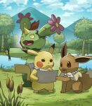  blue_sky clouds eevee grass hakkentai_pokedan hand_on_own_chin highres holding holding_paper maractus mountainous_horizon open_mouth outdoors paper pikachu plant_monster pokemon pokemon_(creature) sky tree water 