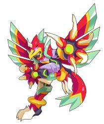  1boy absurdres armor bodysuit claws commentary english_commentary falzar_(mega_man) fighting_stance full_body helmet highres leg_up mask mechanical_wings mega_man_(series) mega_man_battle_network_(series) mega_man_battle_network_6 mega_man_zx mouth_mask multiple_boys open_hand red_armor red_claws red_eyes red_wings redesign simple_background tail talons ultimatemaverickx white_background wings 