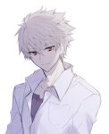  1boy closed_mouth collared_shirt grey_hair looking_at_viewer male_focus nagisa_kaworu neon_genesis_evangelion purple_shirt school_uniform shirt short_hair sketch smile solo spiky_hair tokyo-3_middle_school_uniform white_background white_shirt yuki_fumuke 