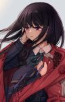  1girl black_hair blood blood_on_clothes blood_stain futaba_(rei-futaba) hand_on_own_face highres inoue_takina jacket jacket_on_shoulders long_hair lycoris_recoil lycoris_uniform sad simple_background solo upper_body violet_eyes 