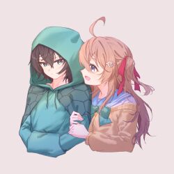  1boy 1girl ahoge aqua_bow aqua_bowtie arm_hug ass black_hair blue_eyes blue_sailor_collar bow bowtie brown_hair cardigan closed_mouth commentary cropped_torso english_commentary from_side green_bow green_bowtie green_eyes green_hoodie hair_ornament hair_ribbon hands_in_pockets heart heart_hair_ornament highres hood hoodie huge_ahoge huge_ass kasoke308 long_hair long_sleeves neuro-sama open_mouth personification red_ribbon ribbon sailor_collar short_hair two_side_up vedal987 vedal_ai virtual_youtuber yellow_cardigan 