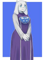  1girl 2021 2d animal_ears anthro aqua_eyes blue_background border breasts cowboy_shot delta_rune_(symbol) delta_rune_print digital_media droopy_ears fangs felpmatheus female female_only floppy_ears furry furry_female goat goat_ears goat_girl goat_horns highres horns long_sleeves looking_at_viewer mammal monster monster_girl outline own_hands_together purple_robe robe simple_background solo standing tareme toriel two-tone_background undertale utdr_(toby_fox) white_background white_border white_fur white_horns white_outline 