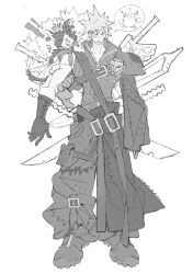  animal_on_shoulder black_boots black_cape black_gloves black_pants black_vest boots braid cait_sith_(final_fantasy) cape cat cat_on_shoulder cloud_strife crown fenrir_(final_fantasy) final_fantasy final_fantasy_vii final_fantasy_vii:_advent_children fusion_swords gloves greyscale hair_between_eyes highres image_in_speech_bubble jaysoysaucee male_focus mini_crown monochrome moogle pants parted_lips short_hair single_braid single_sleeve spiky_hair standing sweatdrop sword sword_on_back tuxedo_cat vest waist_cape weapon weapon_on_back white_background white_gloves 