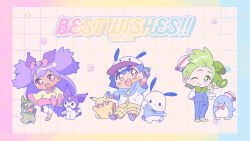  1girl 2boys :d ;) ash_ketchum axew black_hair blue_hoodie blush_stickers bow bowtie brown_eyes chibi chibi_only cilan_(pokemon) closed_mouth commentary_request dark-skinned_female dark_skin dress full_body green_bow green_bowtie green_hair grid_background hat hood hood_down hoodie iris_(pokemon) kuromi leggings long_hair long_sleeves looking_at_viewer multiple_boys one_eye_closed onegai_my_melody open_mouth pansage pikachu pochacco pokemon pokemon_(anime) pokemon_(creature) pokemon_bw_(anime) purple_hair red_eyes sanrio serizawa_serizane short_hair short_sleeves smile standing standing_on_one_leg tuxedo_sam white_hat white_leggings yellow_dress 