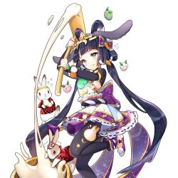  1girl black_hair black_pantyhose blunt_bangs boots bow breasts clothing_cutout cocoon_(loveririn) frilled_bow frills from_side hair_bow hair_rings himiko_(uchihime) holding japanese_clothes kine long_hair low_twintails mallet mortar_(bowl) pantyhose purple_bow rabbit rabbit_cutout small_breasts symbol_in_eye thigh_cutout twintails uchi_no_hime-sama_ga_ichiban_kawaii very_long_hair violet_eyes 