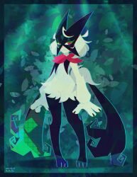  1other animal_hands black_fur body_fur border closed_mouth full_body furry green_background green_border green_fur green_hair half-closed_eyes highres looking_at_viewer meowscarada mr_h202 other_focus pink_eyes pokemon pokemon_(creature) short_hair short_tail simple_background solo standing tail two-tone_fur 