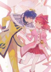  1boy 1girl absurdres blue_eyes blue_hair dorannnn eye_contact fine_(futagohime) fushigiboshi_no_futago_hime gloves hat highres holding_hands jacket long_sleeves looking_at_another medium_hair pink_eyes pink_hair shade_(futagohime) short_hair skirt white_gloves 