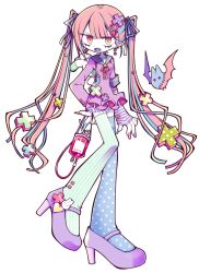  arm_warmers armband blood blood_bag bow decora dress earrings fang funamusea hair_bow hair_ornament hairclip jewelry malon_fig multicolored_eyes multicolored_hair official_art open_mouth pink_hair pointy_ears polka_dot polka_dot_thighhighs red_eyes ribbon school_uniform shoes slit_pupils striped_clothes striped_thighhighs thigh-highs twintails two-tone_eyes yellow_eyes 