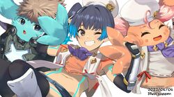  1boy 2girls artist_name blue_hair brown_eyes chef_hat dated elbow_gloves fingerless_gloves gloves grin hat manana_(xenoblade) midriff multiple_girls navel nopon one_eye_closed riku_(xenoblade) sena_(xenoblade) side_ponytail smile white_background xenoblade_chronicles_(series) xenoblade_chronicles_3 yappen 