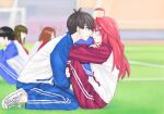 1boy 1girl absurdres ahoge black_hair blue_eyes blue_track_suit blurry blurry_background blush couple crossed_arms day exercise eye_contact from_side full_body go-toubun_no_hanayome hair_between_eyes hair_ornament hetero highres holding_legs imminent_kiss leaning_forward lips long_hair looking_at_another nakano_itsuki nose outdoors parted_lips profile red_track_suit redhead shoes short_hair sit-up sitting sneakers soccer_field star_(symbol) star_hair_ornament sweatdrop tiptoes track_suit tsubo_hana_007 uesugi_fuutarou wariza white_footwear wide-eyed yellow_eyes 