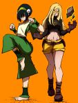  2girls absurdres avatar:_the_last_airbender avatar_legends barefoot black_hair black_shirt blind blonde_hair boots brown_footwear brown_gloves chinese_clothes crossover dc_comics full_body geokinesis gloves glowing glowing_eyes hair_between_eyes hair_bun hairband highres kekel long_hair midriff multiple_girls navel orange_background rock shirt shorts simple_background single_hair_bun standing standing_on_one_leg teen_titans terra_(dc) toph_bei_fong trait_connection yellow_shorts 