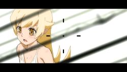  1girl arms_at_sides bare_arms black_border blonde_hair blurry blurry_foreground body_blush border crosshair day dress flat_chest flipped_hair from_above from_side hair_between_eyes hair_flaps letterboxed light_blush long_hair looking_ahead monogatari_(series) open_mouth oshino_shinobu pointy_ears power_lines ringed_eyes shoulder_blush sidelocks sleeveless sleeveless_dress solo sonikkusupin spaghetti_strap sundress surprised very_long_hair white_background white_dress yellow_eyes 