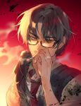  1boy brown_eyes brown_hair cigarette galbi_nyam gregor_(limbus_company) highres limbus_company looking_at_viewer male_focus necktie project_moon rectangular_eyewear red_background red_necktie short_hair smoking solo_focus 