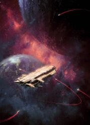  absurdres calder_moore film_grain glowing highres light_trail military_vehicle nebula no_humans original planet ship space spacecraft starfighter warship watercraft wide_shot 