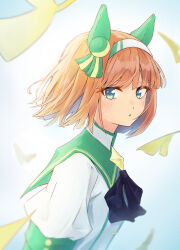  1girl absurdres alternate_hair_length alternate_hairstyle animal_ears aqua_eyes black_bow black_bowtie blunt_ends bow bowtie commentary_request ear_covers ear_ornament green_sailor_collar highres horse_ears horse_girl looking_at_viewer open_mouth orange_hair sailor_collar shirt short_hair silence_suzuka_(innocent_silence)_(umamusume) silence_suzuka_(umamusume) simple_background solo umamusume white_background white_shirt yrouumkinnoaw 