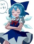  1girl :d absurdres blue_bow blue_dress blue_hair bow bowtie cirno closed_eyes collared_shirt crossed_arms dress facing_viewer fang hair_bow highres mikan_(manmarumikan) open_mouth red_bow red_bowtie shirt short_hair short_sleeves simple_background smile solo speech_bubble touhou white_background white_shirt 