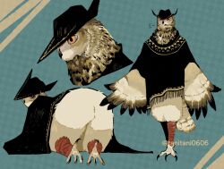  1boy abstract_background artist_name ass beak bird bird_legs black_beak black_cloak black_hat brown_feathers cloak colored_sclera commentary_request feathers furry furry_male hat huge_ass male_focus nervous_sweating orange_sclera original owl owl_boy reference_sheet solo standing sweat talons tanitani0606 winged_arms wings 