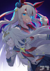  2girls absurdres anaglyph belt black_pantyhose blue_eyes blue_hairband blue_jacket blue_ribbon blue_sailor_collar blue_skirt clenched_teeth commentary ear_covers english_commentary eye_trail fingerless_gloves flaming_eye gloves grey_belt grey_hair grin hair_between_eyes hair_ornament hairband headband highres horse_girl jacket jtleeklm light_trail long_hair long_sleeves midriff mixed-language_commentary multiple_girls navel neckerchief oguri_cap_(starlight_beat)_(umamusume) oguri_cap_(umamusume) pantyhose pleated_skirt red_headband red_neckerchief red_ribbon ribbon running sailor_collar sailor_shirt shirt skirt smile tamamo_cross_(umamusume) tamamo_cross_(with_lightning_speed)_(umamusume) teeth umamusume umamusume:_cinderella_gray v-shaped_eyebrows violet_eyes white_gloves white_shirt 