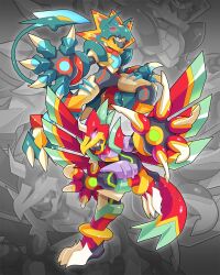  2boys absurdres armor bodysuit claws falzar_(mega_man) fighting_stance full_body green_armor green_claws gregar_(mega_man) helmet highres leg_up mask mega_man_(series) mega_man_battle_network_(series) mega_man_battle_network_6 mega_man_zx mouth_mask multiple_boys red_armor red_claws red_eyes red_wings redesign tagme tail talons ultimatemaverickx wings 