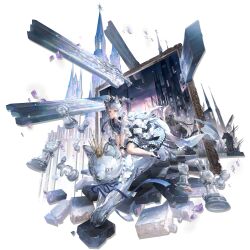  2girls :o absurdres amiya_(arknights) animal_ear_fluff animal_ears arknights back_bow bare_legs black_bow black_shoes blue_bow bow castle cat_ears cat_girl cat_tail chess_piece clone collar collarbone crown dress floating floating_object floating_sword floating_weapon flower frilled_bracelet frilled_collar frilled_dress frilled_skirt frills full_body grass green_eyes hair_flower hair_ornament high_heels highres holding holding_stuffed_toy huge_bow huge_weapon infection_monitor_(arknights) kal'tsit_(arknights) liyu_li long_hair long_sidelocks looking_at_another looking_back low_ponytail multicolored_shoes multiple_girls night official_alternate_costume official_art open_mouth originium_(arknights) outdoors petals picture_frame ponytail purple_flower purple_petals riding rosmontis_(an_airy_dream)_(arknights) rosmontis_(arknights) rubble shoes sidelocks skirt sky stained_glass standing star_(sky) starry_sky stuffed_toy sword tail third-party_source through_medium through_painting transparent_background two-tone_shoes weapon white_bow white_collar white_dress white_hair white_shoes wide_sleeves 