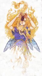  2boys alternate_costume androgynous armlet blonde_hair bracelet braid circlet elden_ring elden_ring:_shadow_of_the_erdtree gold_armlet gold_circlet highres insect_wings jewelry long_hair lying miquella_(elden_ring) mohg_lord_of_blood multiple_boys multiple_braids mur_(murmuro0) on_back purple_tunic sleeveless_tunic tunic wavy_hair wings yellow_eyes 