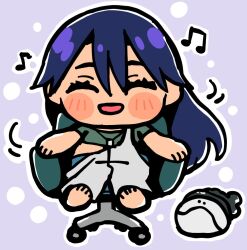  1girl :d ^_^ bkub blue_hair blush_stickers chair chibi chibi_only closed_eyes dot_nose double-parted_bangs full_body green_shirt grey_overalls gundam gundam_gquuuuuux hair_between_eyes haro long_hair nyaan_(gundam_gquuuuuux) open_mouth outline overalls purple_background shirt short_sleeves sitting smile white_outline 