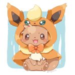  :3 artist_name blush_stickers bow brown_eyes capelet clothed_pokemon cosplay eevee flareon flareon_(cosplay) full_body hand_on_own_stomach highres hood hooded_capelet kana_(maple926) looking_at_viewer open_mouth orange_bow pokemon pokemon_(creature) sitting smile solo twitter_username 