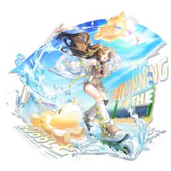  1girl animal_ears arknights artist_request bandaid bandaid_on_knee bandaid_on_leg belt belt_pouch black_shirt blush_stickers brown_hair brown_shoes brown_shorts brown_vest bubble_(arknights) bubble_(the_wind_rider)_(arknights) character_name clear_sky crop_top english_text fisheye from_below full_body grass green_eyes halftone highres horns inflatable_toy jacket knee_pads leg_warmers long_hair looking_at_viewer multicolored_shoes ocean official_alternate_costume official_art open_clothes open_jacket open_mouth outdoors paper_crown pom_pom_(clothes) ponytail pouch rhinoceros rhinoceros_ears rhinoceros_girl ribbed_leg_warmers roller_skates rope see-through_clothes see-through_jacket shirt shoes short_ponytail shorts side_ponytail single_horn single_knee_pad skates skating sky sleeveless sleeveless_shirt smile solo sun third-party_source tilted_headwear transparent_background two-tone_shoes vest water water_drop waving white_belt white_leg_warmers white_shoes wire_fence 