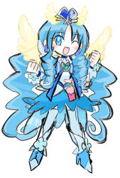  1girl absurdres blue_dress blue_eyes blue_shoes blue_skirt blue_thighhighs cure_marine dress drill_hair heartcatch_precure! high_heels highres kurumi_erika looking_at_viewer magical_girl one_eye_closed open_mouth precure rakugaki_shitagari-ya shoes skirt smile solo thigh-highs twin_drills wings 