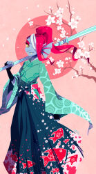  1girl 2015 2d alternate_costume animal_print anthro aqua_kimono artist_name aryll_(marbles) black_eyepatch blue_hakama blue_skin cherry_blossoms colored_sclera colored_skin colored_teeth commentary digital_media ear_fins english_commentary eyepatch female female_only fins fish fish_girl fish_print flower full_body hakama hakama_pants head_fins high_ponytail holding holding_pole holding_spear holding_weapon japanese_clothes kimono long_hair monster monster_girl phone_wallpaper pink_flower polearm ponytail red_background red_hair sharp_teeth simple_background slit_pupils solo spear standing teeth tree_branch undertale undyne utdr_(toby_fox) variant_set wallpaper weapon yellow_sclera yellow_teeth 