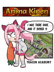  1girl animal_ears anime_screenshot_inset ankle_socks annoyed bandaid_on_chest bow carrot cartoonized collared_jacket commentary constricted_pupils deformed dirty dirty_face ear_bow ear_covers english_commentary english_text full_body furrowed_brow game_screenshot_inset gym_shorts hair_intakes hand_in_pocket haru_urara_(bestest_prize)_(umamusume) haru_urara_(umamusume) headband high_collar highres holding holding_carrot horse_ears horse_girl horse_tail jacket japvs long_hair long_sleeves looking_at_viewer open_clothes open_jacket oversized_food oversized_object pink_eyes pink_hair pink_headband pink_shorts ponytail school screenshot_inset shirt shoes shorts simple_background sneakers socks solo speech_bubble sportswear striped_clothes striped_socks tail thick_eyebrows toon_(style) track_and_field umamusume white_background white_bow white_jacket white_shirt white_shoes white_socks 