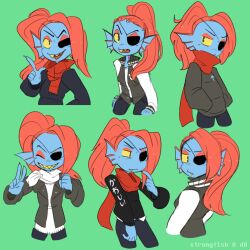  1:1 1girl 2017 2d alternate_costume anthro artist_name back black_eyepatch black_jacket black_tank_top blue_pants blue_skin boots colored_sclera colored_skin commentary cropped_legs cropped_torso digital_media ear_fins english_commentary english_text eyepatch female female_only fins fish fish_girl green_background hands_in_pockets head_fins high_ponytail highres jacket japanese_text long_hair mixed-language_text monster monster_girl multiple_views pants ponytail red_boots red_hair red_scarf scarf sharp_teeth simple_background slit_pupils smile solo strongfish_(artist) tank_top teeth text two-tone_jacket undertale undyne upper_body utdr_(toby_fox) v white_jacket white_scarf yellow_sclera yellow_teeth 