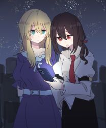  2girls alternate_eye_color aqua_eyes arm_behind_back belt black_skirt blonde_hair blush bow bowtie breasts brown_hair closed_mouth collared_shirt dress hair_between_eyes hair_ribbon hand_on_own_hip jewelry long_sleeves looking_at_phone maribel_hearn medium_hair multiple_girls necklace necktie night night_sky open_mouth phone purple_dress red_eyes red_necktie red_ribbon ribbon shiroshi_(denpa_eshidan) shirt shirt_partially_tucked_in short_hair short_sleeves skirt sleeve_cuffs sleeve_garter standing star_(sky) touhou usami_renko white_belt white_bow white_bowtie white_shirt 