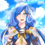  1girl artist_name azumishard blue_hair clouds crown dana_(ys) elbow_gloves gloves highres light_rays long_hair looking_at_viewer outdoors portrait sky smile solo swept_bangs ys ys_viii_lacrimosa_of_dana 