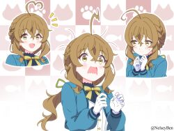  1girl ahoge aqua_jacket averting_eyes blush bnelsey braid brown_eyes brown_hair closed_mouth cropped_torso eyebrows_hidden_by_hair flat_chest gloves hair_between_eyes heart heart_ahoge jacket long_hair looking_at_viewer monica_everett multiple_views notice_lines open_mouth ponytail school_uniform shy silent_witch smile surprised vest wavy_mouth white_gloves white_vest 