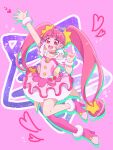  1girl :d arm_up choker cure_star dress full_body fuwa_(precure) hair_ornament heart highres hoshina_hikaru long_hair looking_at_viewer magical_girl open_mouth pink_choker pink_dress pink_eyes pink_footwear pink_hair pink_thighhighs planet_hair_ornament precure single_thighhigh smile solo star_(symbol) star_choker star_hair_ornament star_twinkle_precure thigh-highs twintails usiusi_nanas very_long_hair 