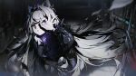  1girl animal_ears bare_shoulders black_dress black_hairband cross-shaped_pupils dress grey_hair hairband headgear highres jacknavy long_hair long_sleeves no.21_(punishing:_gray_raven) open_mouth punishing:_gray_raven symbol-shaped_pupils white_eyes 