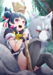  1girl :d absurdres black_capelet black_sclera black_thighhighs black_wristband blue_hair brooch capelet colored_sclera commentary dark_blue_hair day earrings feather_hair_ornament feathers forest genjitsu_no_yohane grey_wolf hair_bun hair_ornament hayaoki_(asagi-iro_seishun-bu) heart heart_earrings highres holding holding_staff jewelry knees_up light_rays looking_at_viewer love_live! love_live!_sunshine!! nature on_animal open_mouth outdoors puffy_short_sleeves puffy_sleeves red_eyes shirt short_sleeves single_side_bun sitting sitting_on_animal smile staff sunbeam sunlight teeth thigh-highs tongue tsushima_yoshiko upper_teeth_only violet_eyes white_shirt wolf 