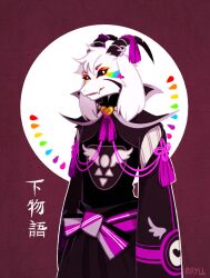  1boy 2016 2d alternate_form animal_ears anthro artist_name aryll_(marbles) asriel_dreemurr asriel_dreemurr_(god_of_hyperdeath) black_sclera body_fur border colored_sclera commentary delta_rune_(symbol) digital_media droopy_ears english_commentary face_mark fangs floppy_ears furry furry_male goat goat_boy goat_ears goat_horns horns long_sleeves male male_focus male_only mammal monster monster_boy outline outside_border purple_robe red_background robe round_border simple_background solo two-tone_background undertale utdr_(toby_fox) white_fur white_horns white_outline 