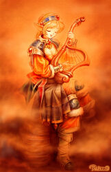  archived_source arm_guards blonde_hair blue_hairband blue_shrug closed_eyes closed_mouth commentary cross-laced_clothes cross-laced_legwear crossed_legs curtained_hair elf film_grain fog fur-trimmed_sleeves fur_trim gem gold_collar hairband harp haze holding holding_harp holding_instrument instrument knee_pads long_hair music open_mouth orange_background orange_pants orange_shirt orange_sleeves original pants playing_instrument pointy_ears red_gem rosanna_(mt3t-njr) shirt shrug_(clothing) sitting straight_hair teeth three-quarter_sleeves tongue upper_teeth_only warm_colored 