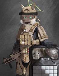  1girl absurdres animal_ears black_gloves blonde_hair blue_archive bullet_hole bulletproof_vest feet_out_of_frame fox_ears fox_girl fox_platoon_(blue_archive) fox_tail furrowed_brow gloves glowing glowing_eyes green_eyes gun h&amp;k_ump halo handle helmet highres injection kurumi_(blue_archive) looking_at_viewer military military_combat_uniform military_uniform original red_dot_sight solo solo_focus submachine_gun tactical_clothes tactical_gloves tail user_rjmz7585 variant_set weapon yellow_halo yellow_tail 